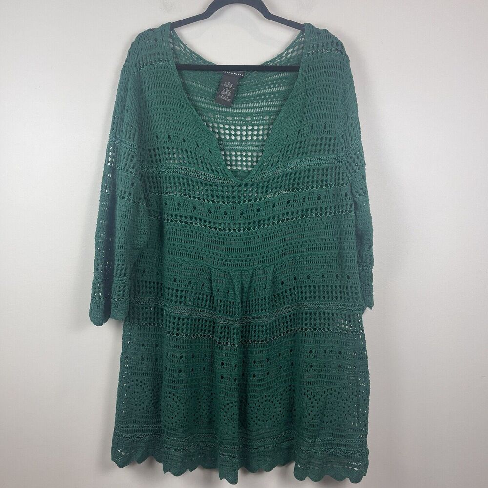 Grace Elements Womens Crochet Sweater Knit XXL Kelly Green V-Neck Granny Cottage